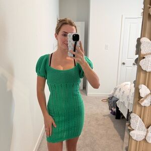 Green Knit Puff-Sleeve Mini Dress Cover Up
